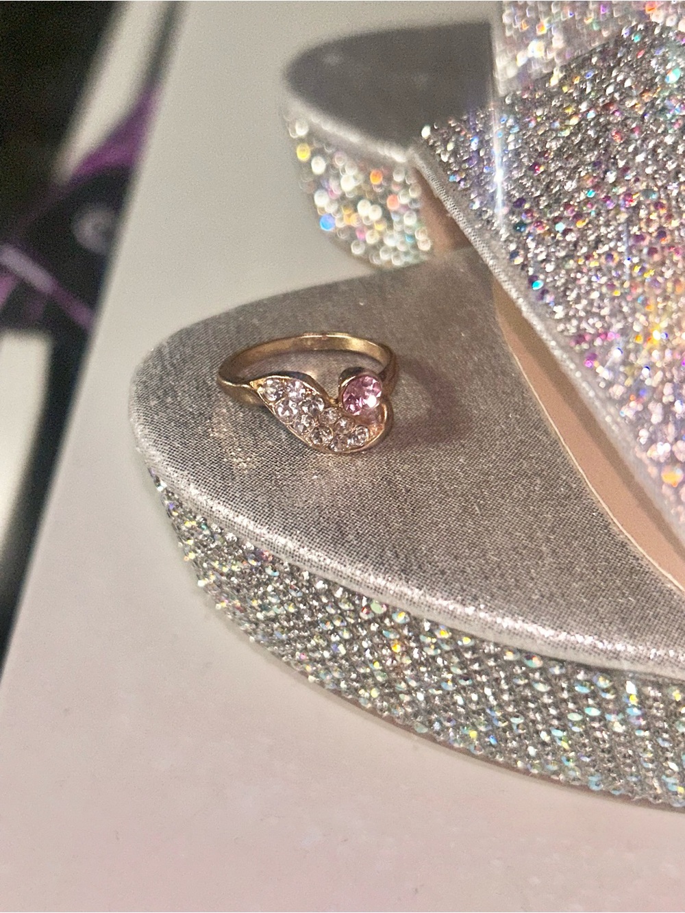 Gold Heart Ring with Pink Gemstone and White Accents
